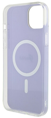 Liliowe etui na telefon, przezroczysta ramka, białe koło i linia pośrodku.