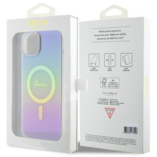 Etui na telefon w białym pudełku, z logo Guess. Etui w odcieniach niebieskiego i fioletowego.