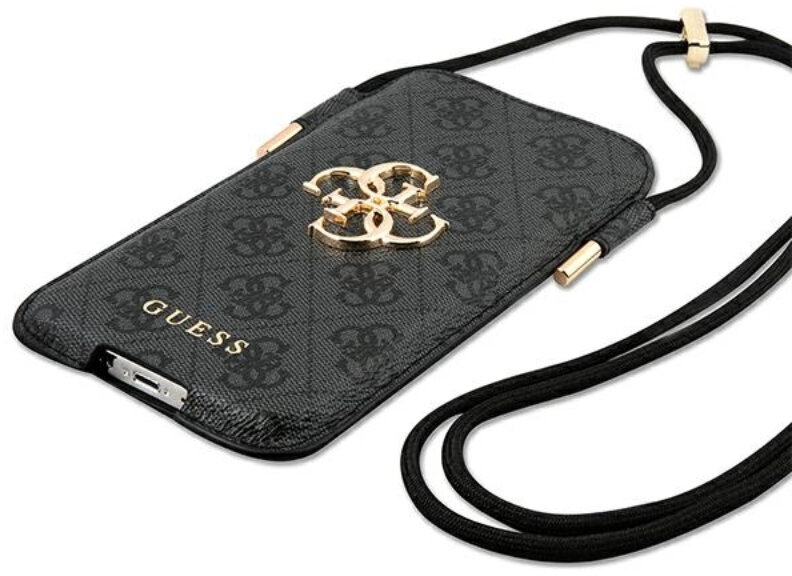 Czarny pokrowiec na telefon Guess ze złotym logo i czarnym paskiem.