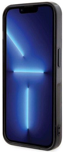 Smartfon w czarnym etui. Ekran pokazuje niebieski wzór świetlny. Czarne tło.