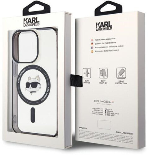 Etui na telefon Karl Lagerfeld w pudełku. Etui jest przezroczyste z motywem kota. Pudełko ma tekst.