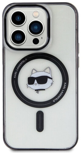 Etui na iPhone z motywem Karla Lagerfelda, kot w okularach, czarny pierścień, na białym tle.