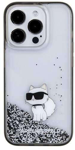 Przezroczyste etui na telefon z białym kotem w okularach przeciwsłonecznych i brokatem.