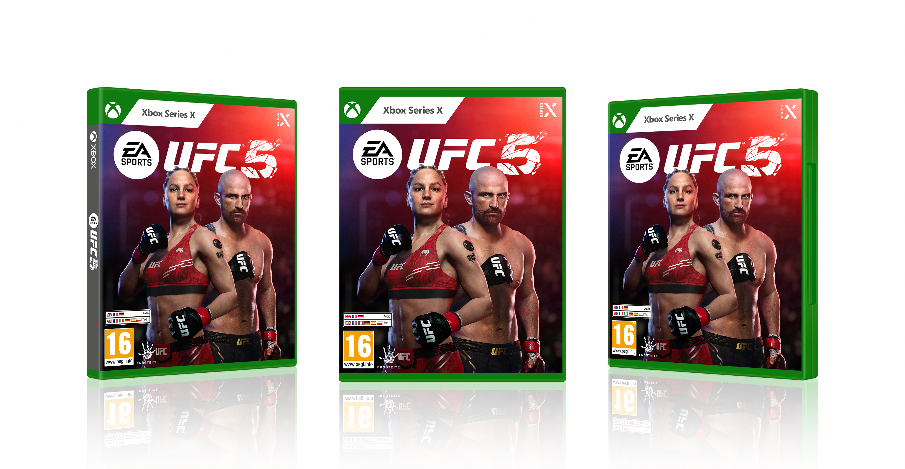 Drei UFC 5 Spielboxen. Grüner Rand, Spielcover mit zwei Charakteren.