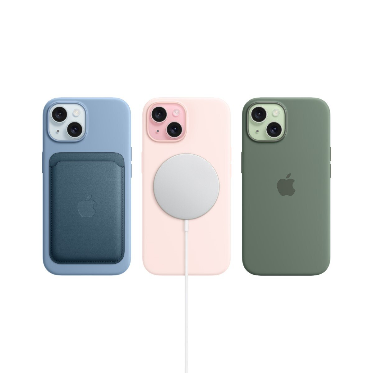 Trzy etui na iPhone: niebieskie z miejscem na kartę, różowe z ładowarką i zielone.