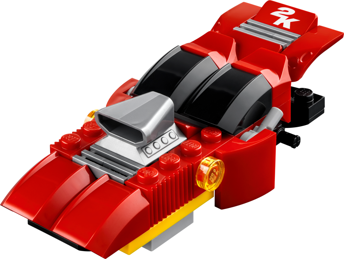 Piros Lego versenyautó ezüst motorral és fekete ablakokkal.