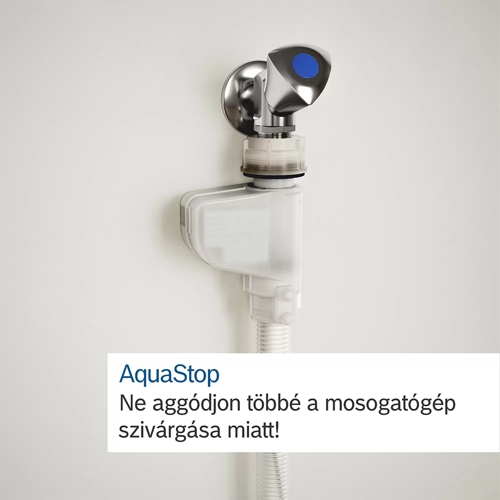 AquaStop eszköz egy fehér falon, alatta szöveggel.