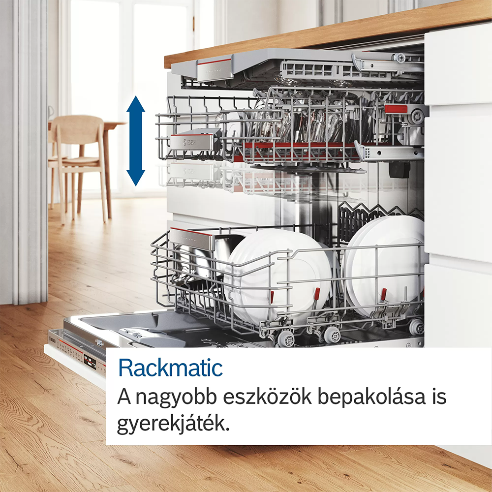 Mosogatógép edényekkel. Az ajtó nyitva. Felirat: 'Rackmatic'.