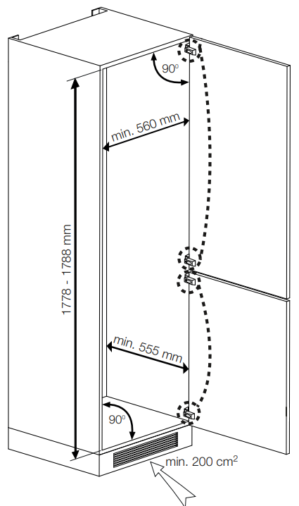 Egy hűtőszekrény diagramja, amely a méreteket mutatja. Az ajtók nyitva vannak, a belső teret mutatva. Fehér háttér.
