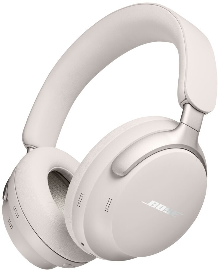 Een paar witte Bose-hoofdtelefoons met een gebogen ontwerp, over-ear, op een witte achtergrond.
