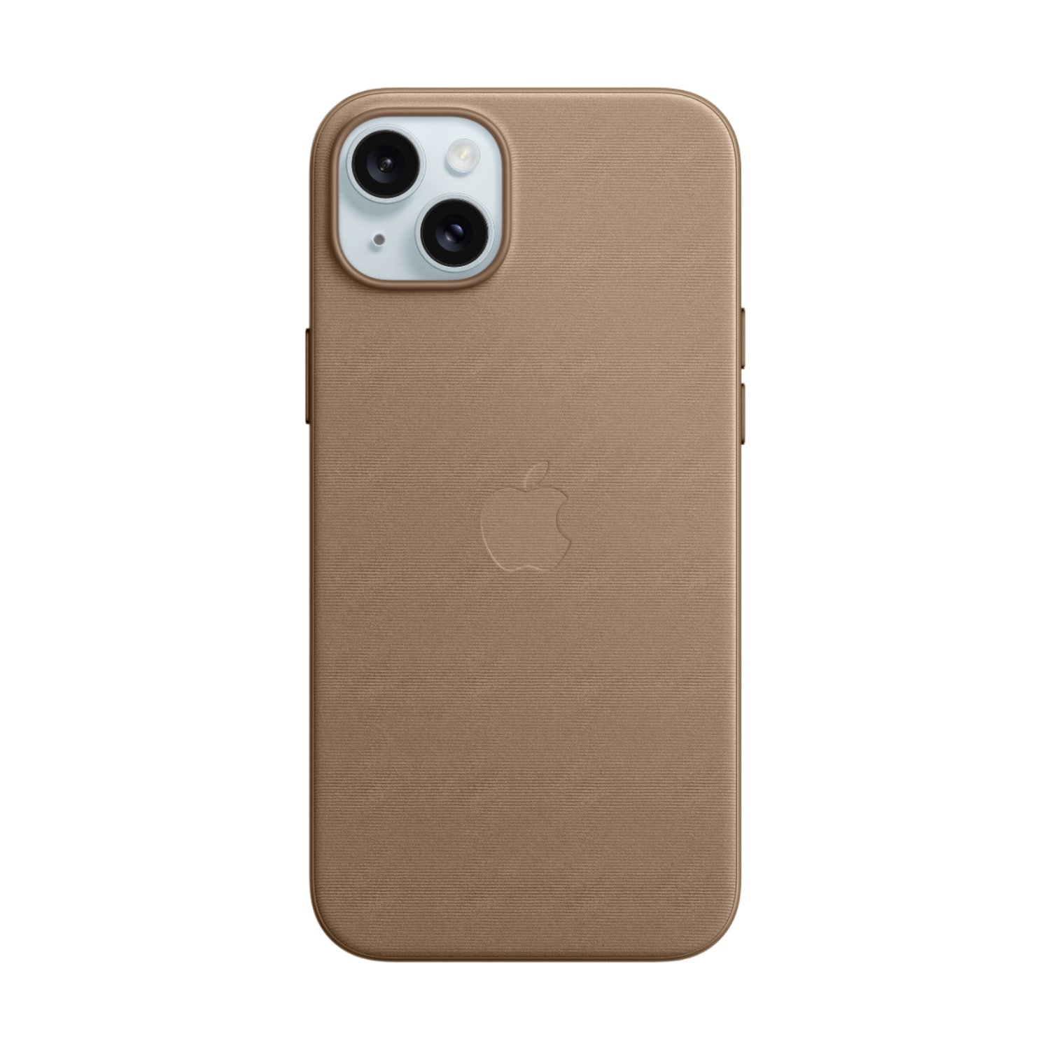 Telefoonhoesje, bruin leer met een Apple logo, drie lenzen aan de achterkant, op een zwarte achtergrond.