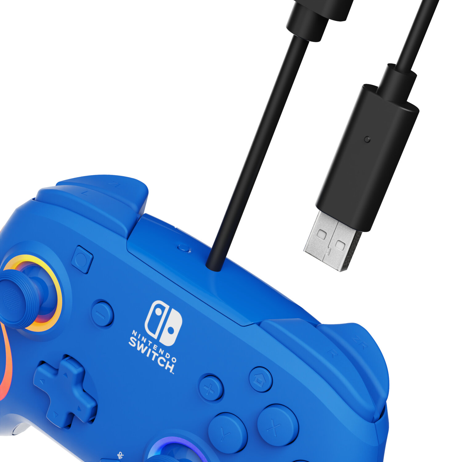 Blue Nintendo Switch controller with black USB cable.