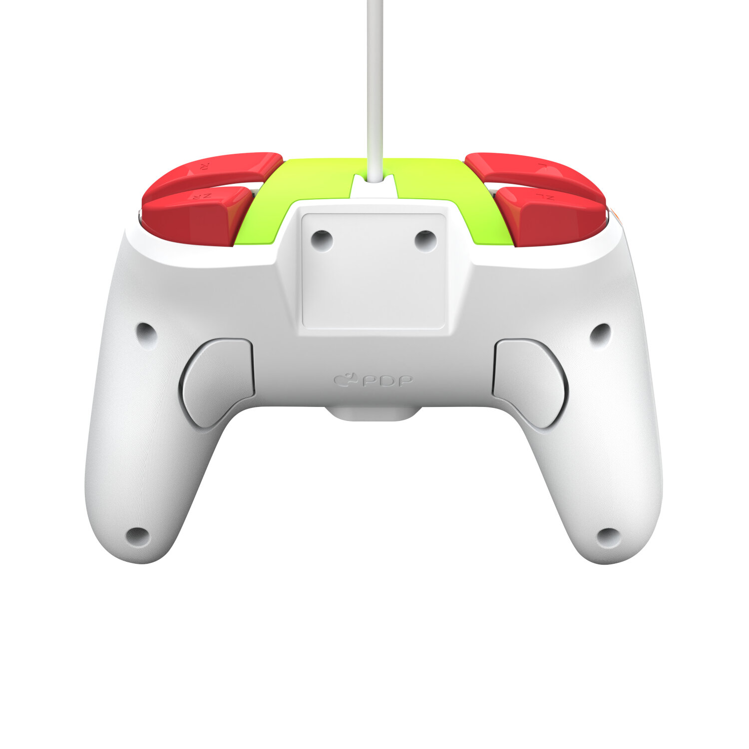Une manette de jeu blanche avec des accents rouges et verts. La manette a un cordon.