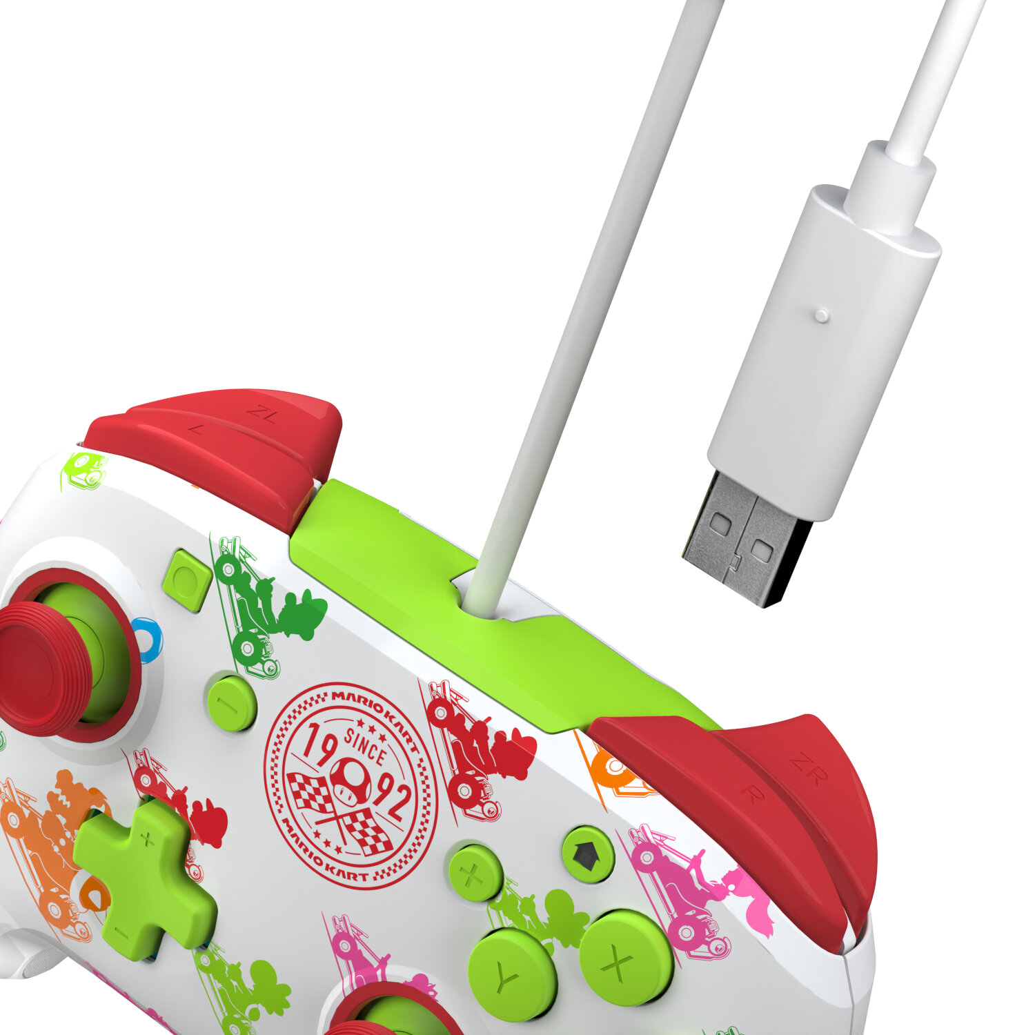 Gros plan d'une manette de jeu Mario Kart blanche et verte avec un câble USB blanc.
