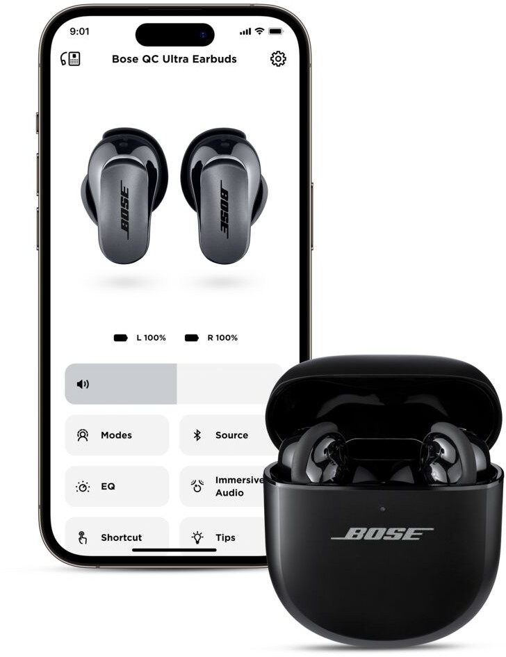 Bose QC Ultra earbuds, a phone screen with app interface, and charging case.