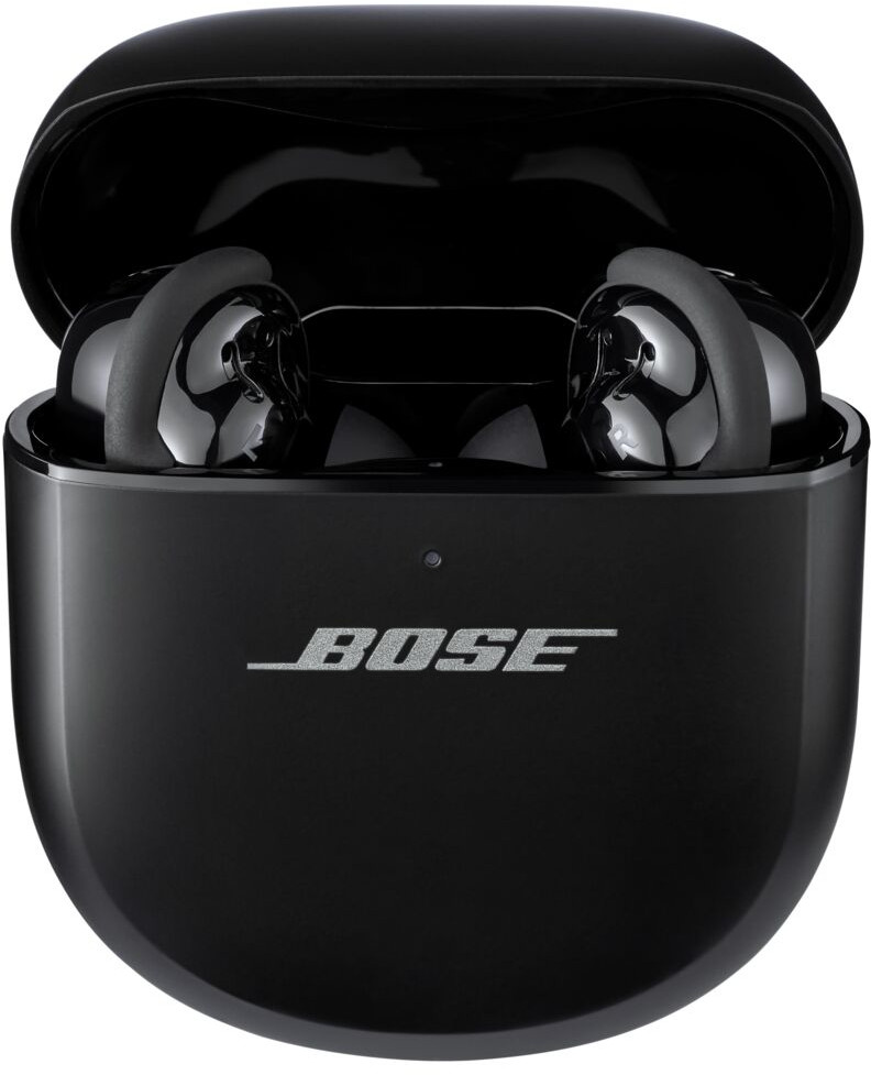 Bose earbuds in a black charging case. The case is open, revealing the earbuds. Silver Bose logo on the case.