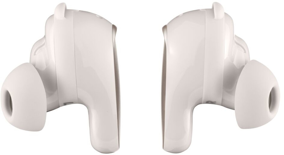 Set witte Bose oordopjes, zijaanzicht. Witte achtergrond.
