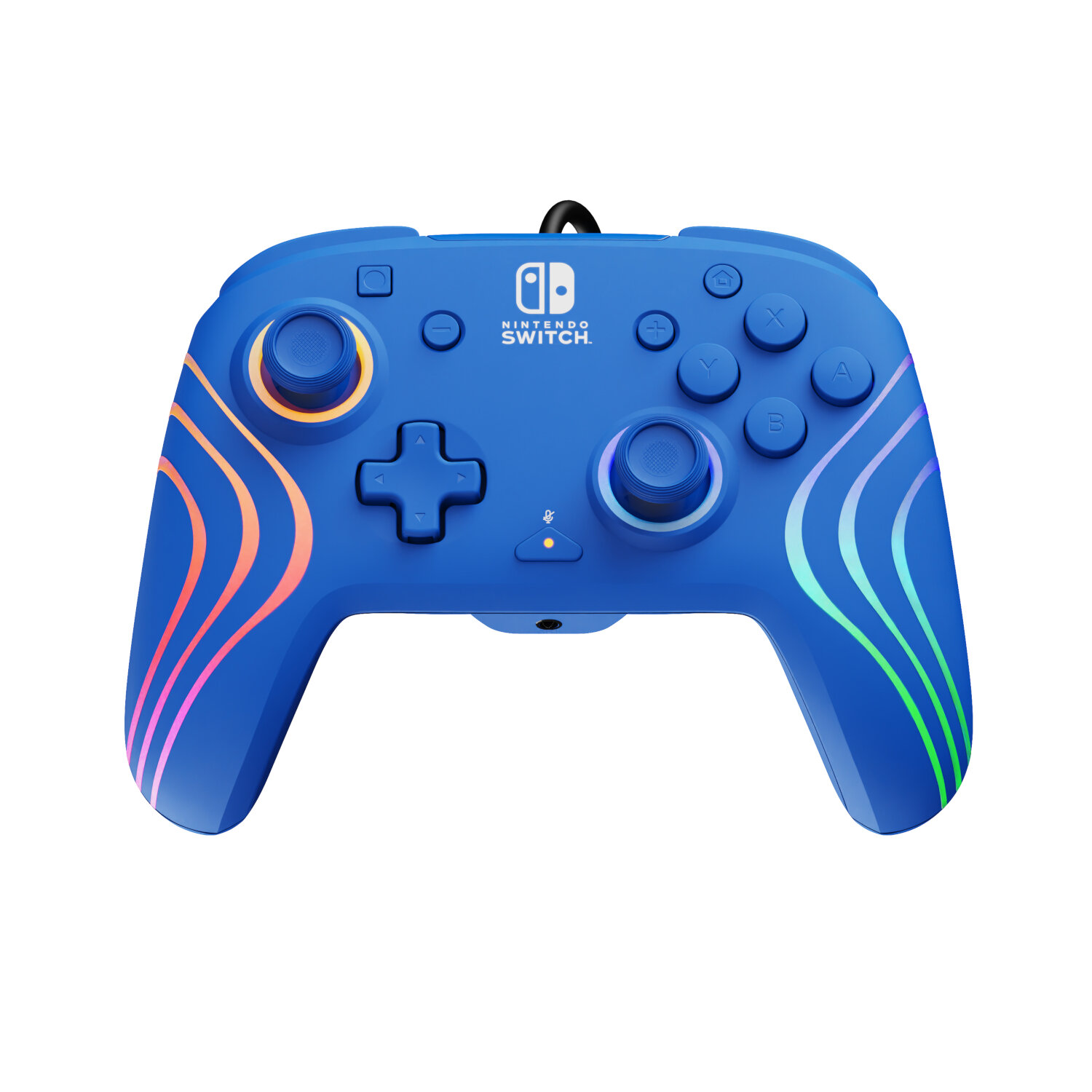 A blue Nintendo Switch controller with colorful lights. The controller has buttons and a joystick.