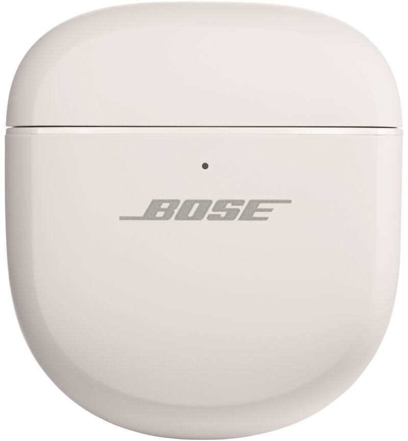 Witte, gesloten Bose oordopjescase met het Bose logo.