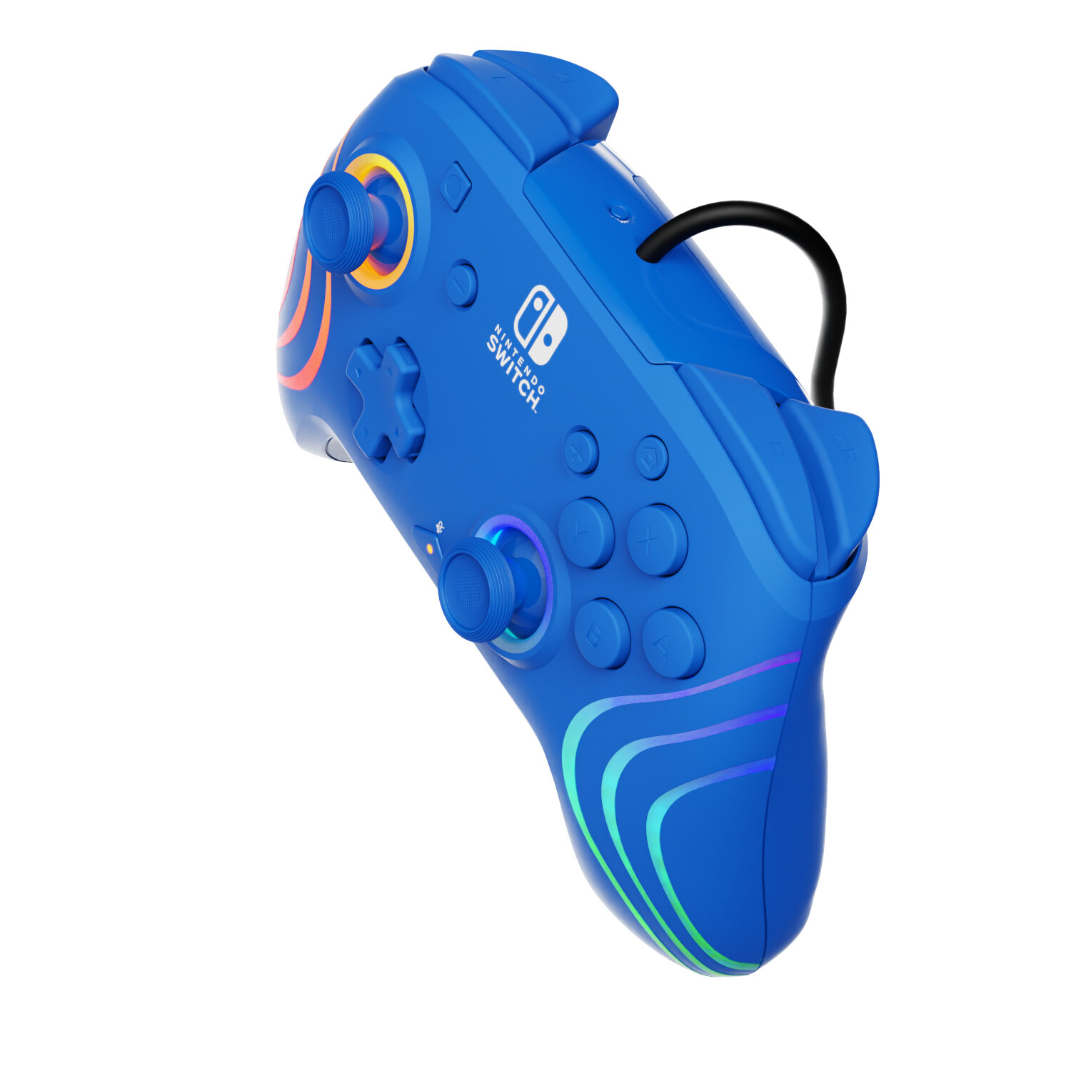 Blue Nintendo Switch controller on white.