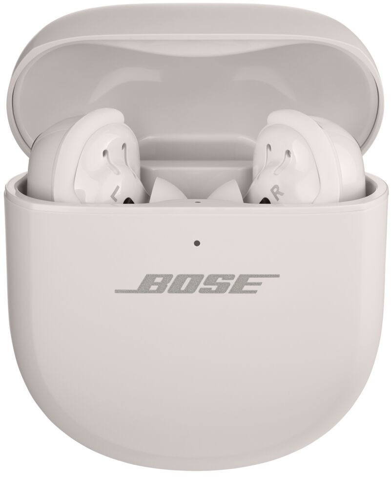 Witte Bose oortelefoons in een open etui.