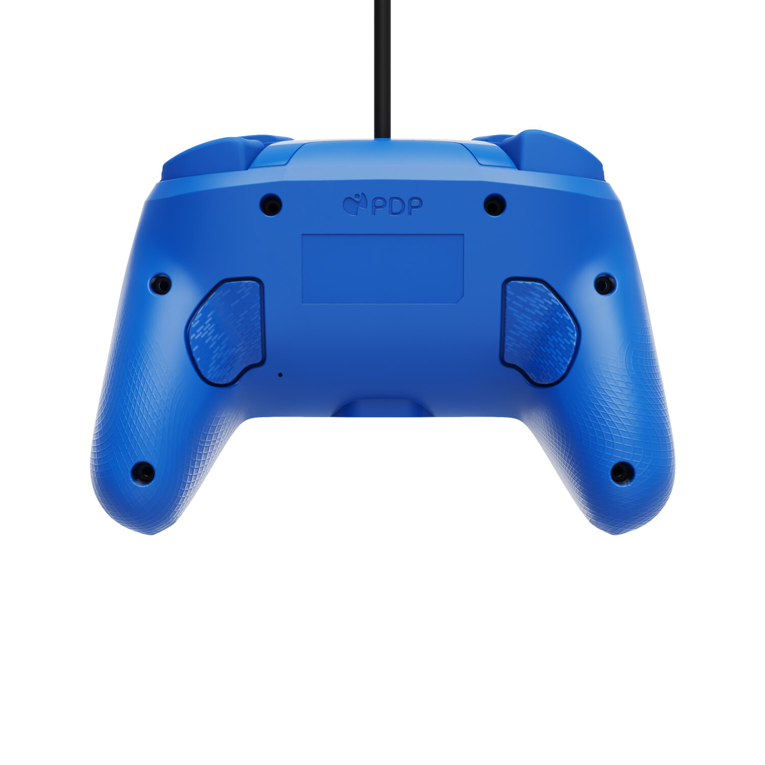 Blue gaming controller's back with buttons, showing the controller's design.