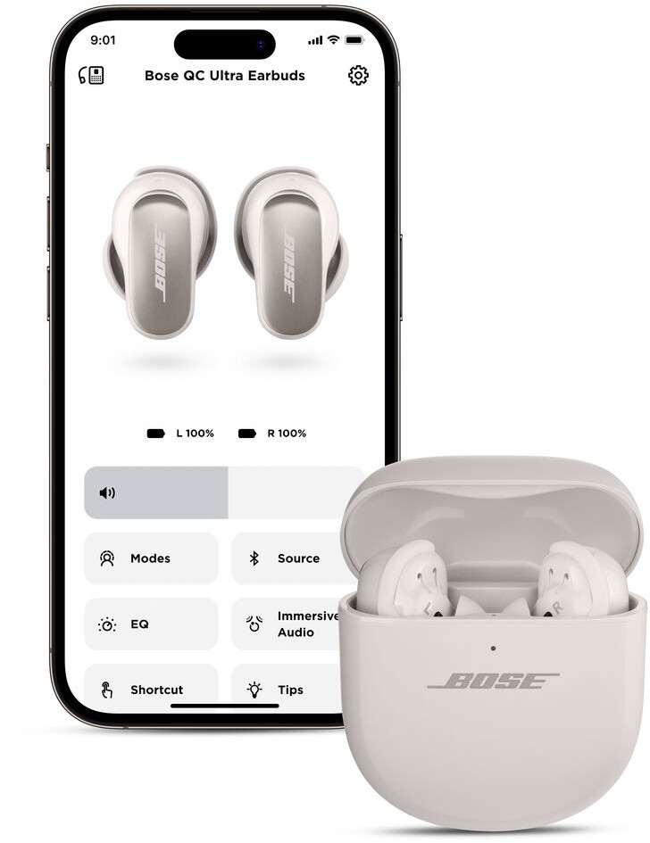 Telefoonscherm met Bose oortelefoons en hun app-interface, met een case.