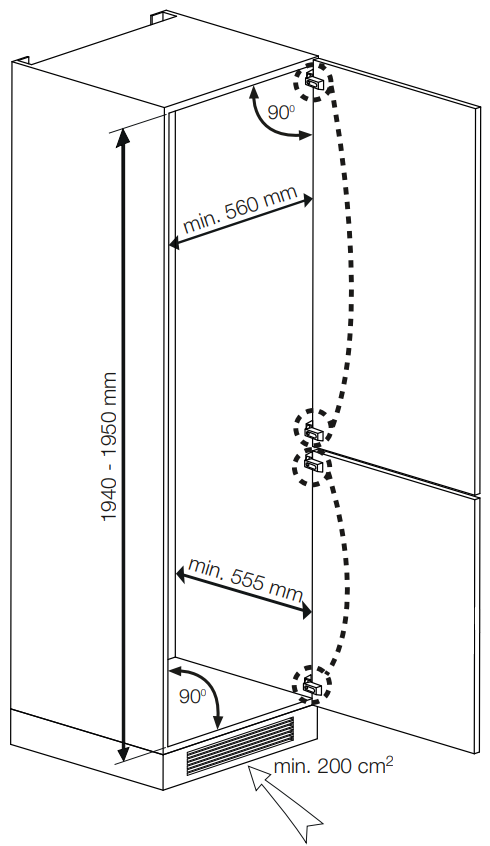 Hűtőszekrény diagramja nyitott ajtókkal, méretekkel és belső szerkezetekkel.