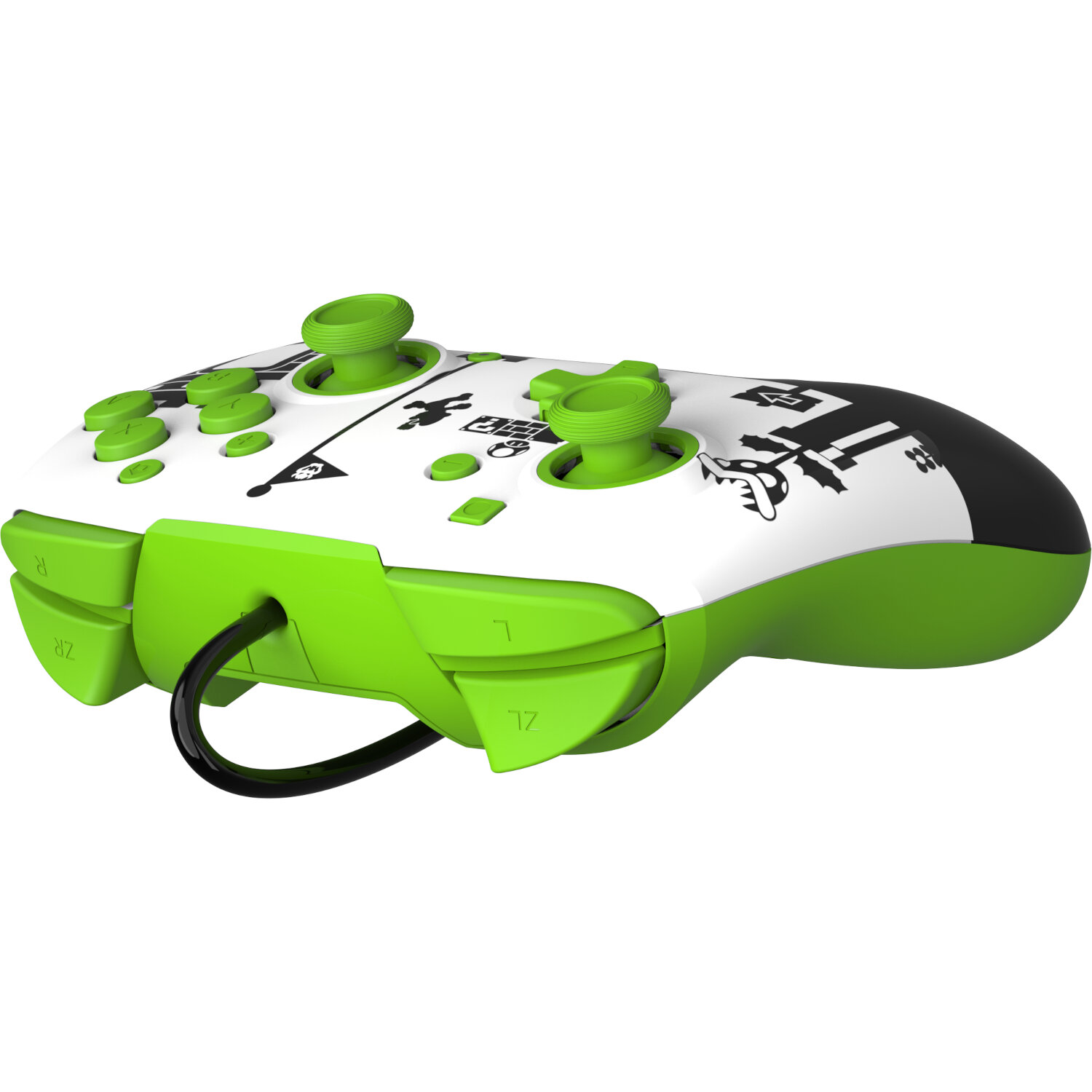 Een witte en groene videogamecontroller, met zichtbare knoppen en joysticks.