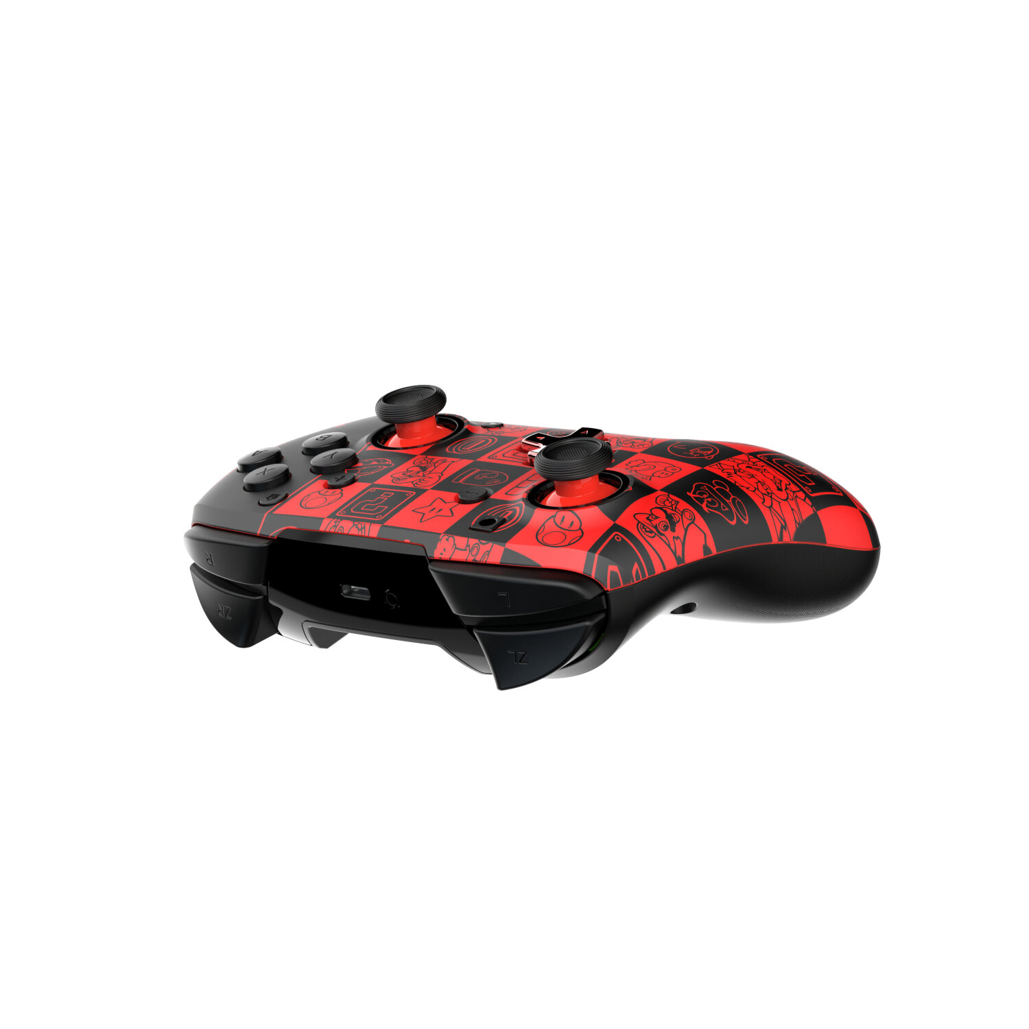 Une manette de jeu rouge et noire avec un motif à carreaux et des dessins animés.