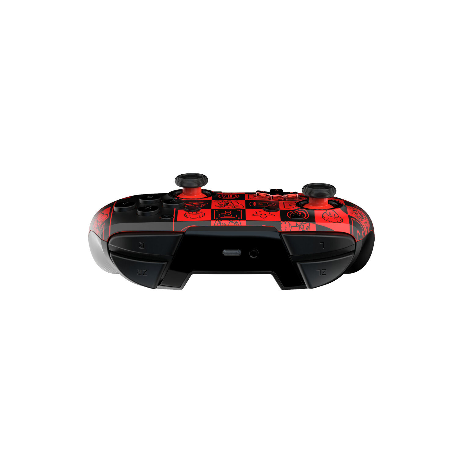 Manette Nintendo Switch rouge et noire avec des graphismes de jeux.