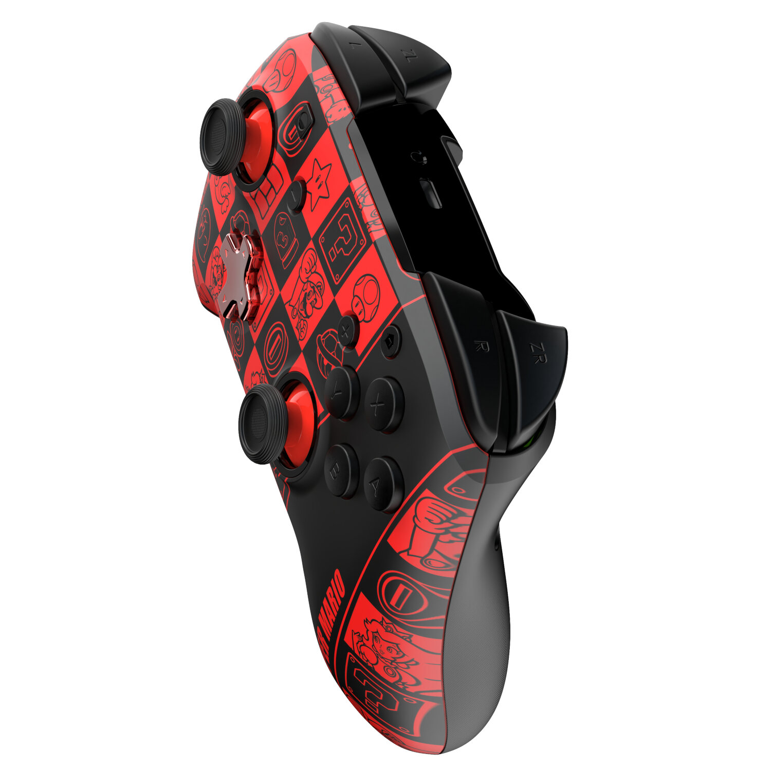 Une manette Nintendo Switch rouge et noire avec des graphismes sur le thème de Mario.