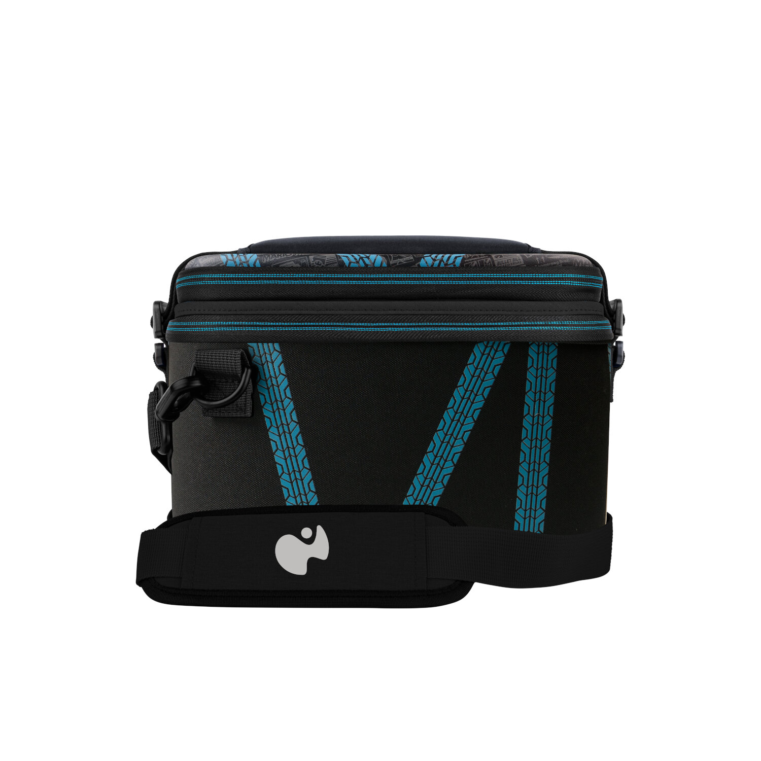Black and blue camera bag with a shoulder strap, white background.