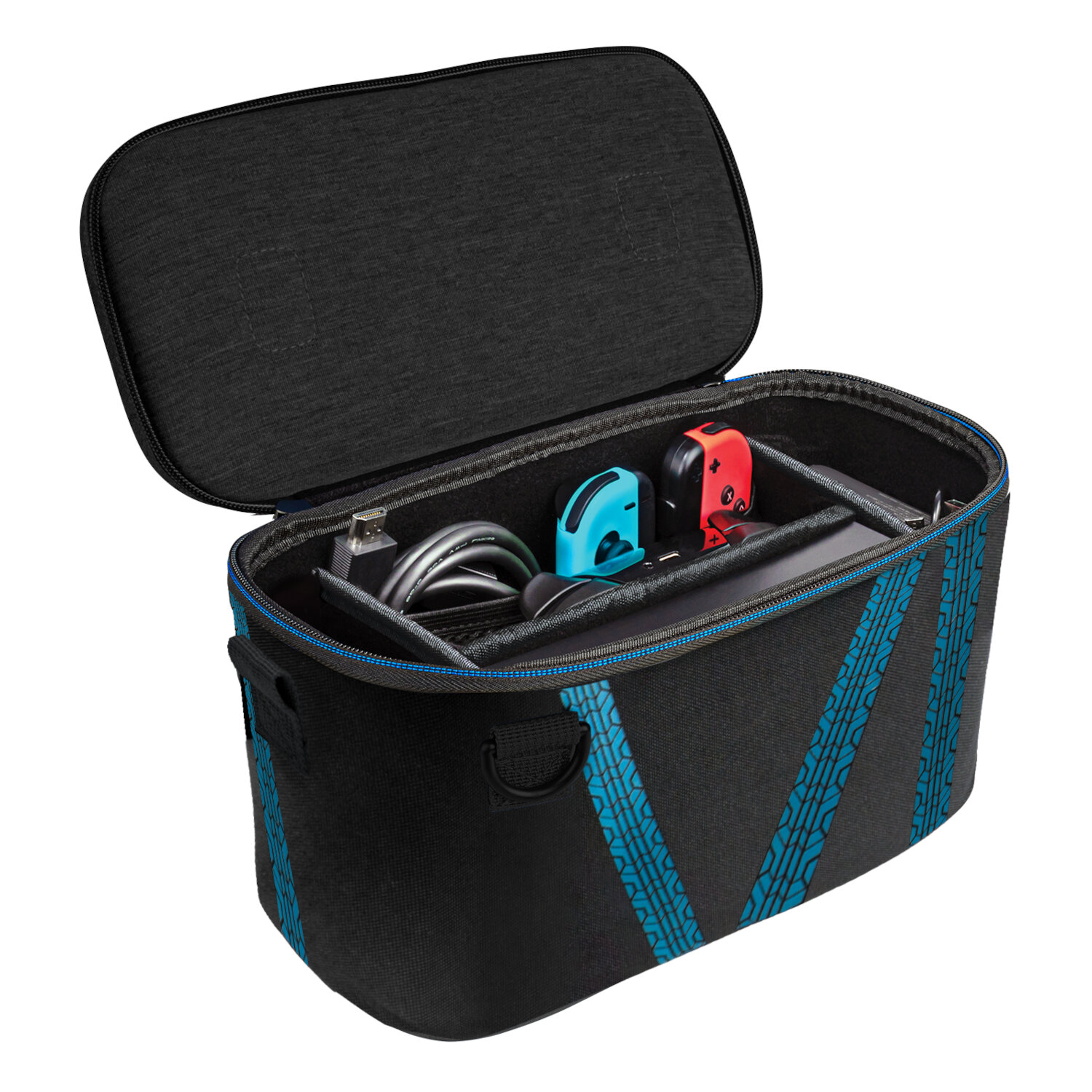 Black carrying case with a blue zipper and blue diagonal stripes. Contains electronics accessories.