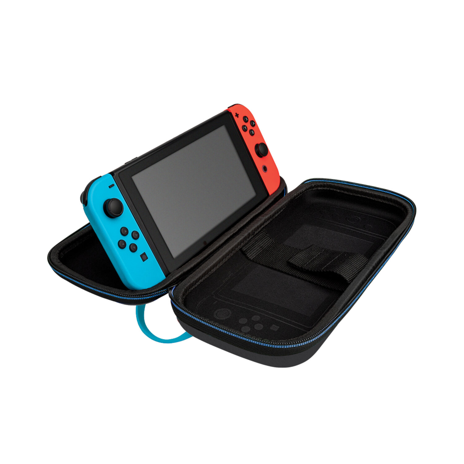 Nintendo Switch console in a blue and black carrying case, open on a white surface.