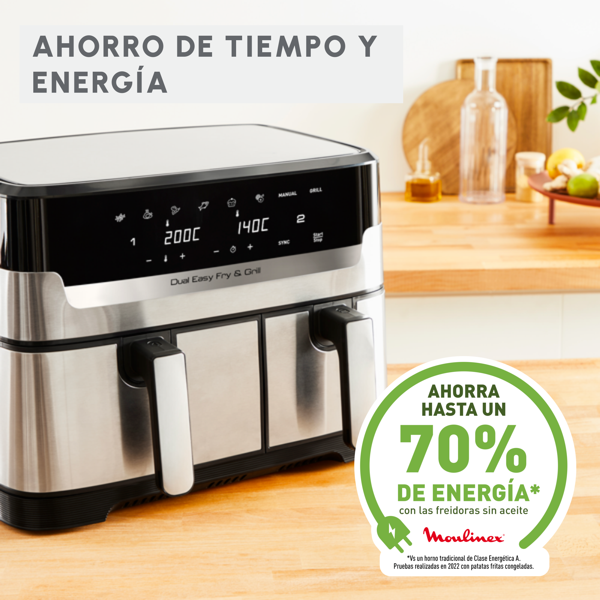 Una freidora de aire con diseño de doble cesta. El texto indica ahorro de energía y tiempo.