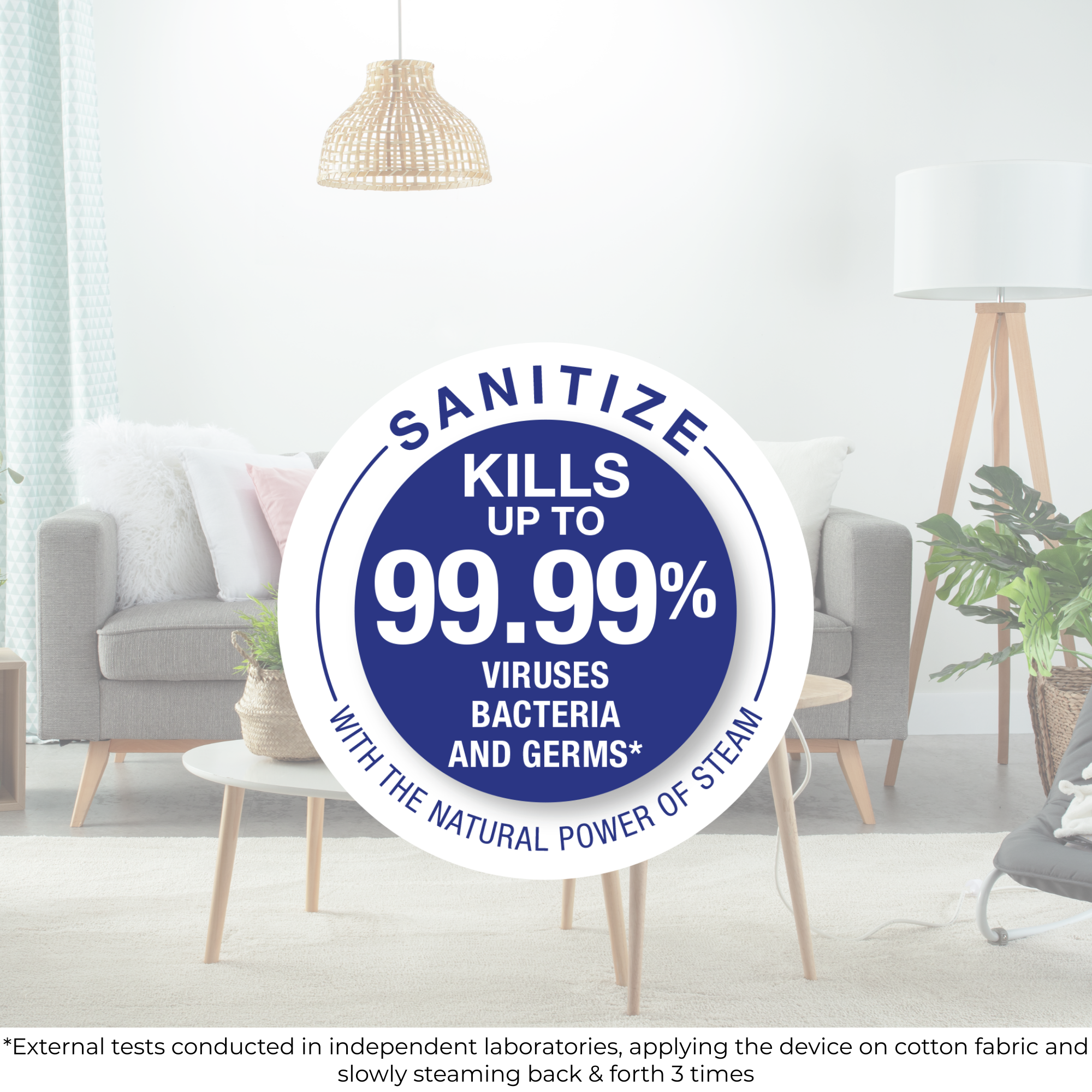 Un salon avec un panneau circulaire qui tue 99,99% des germes.