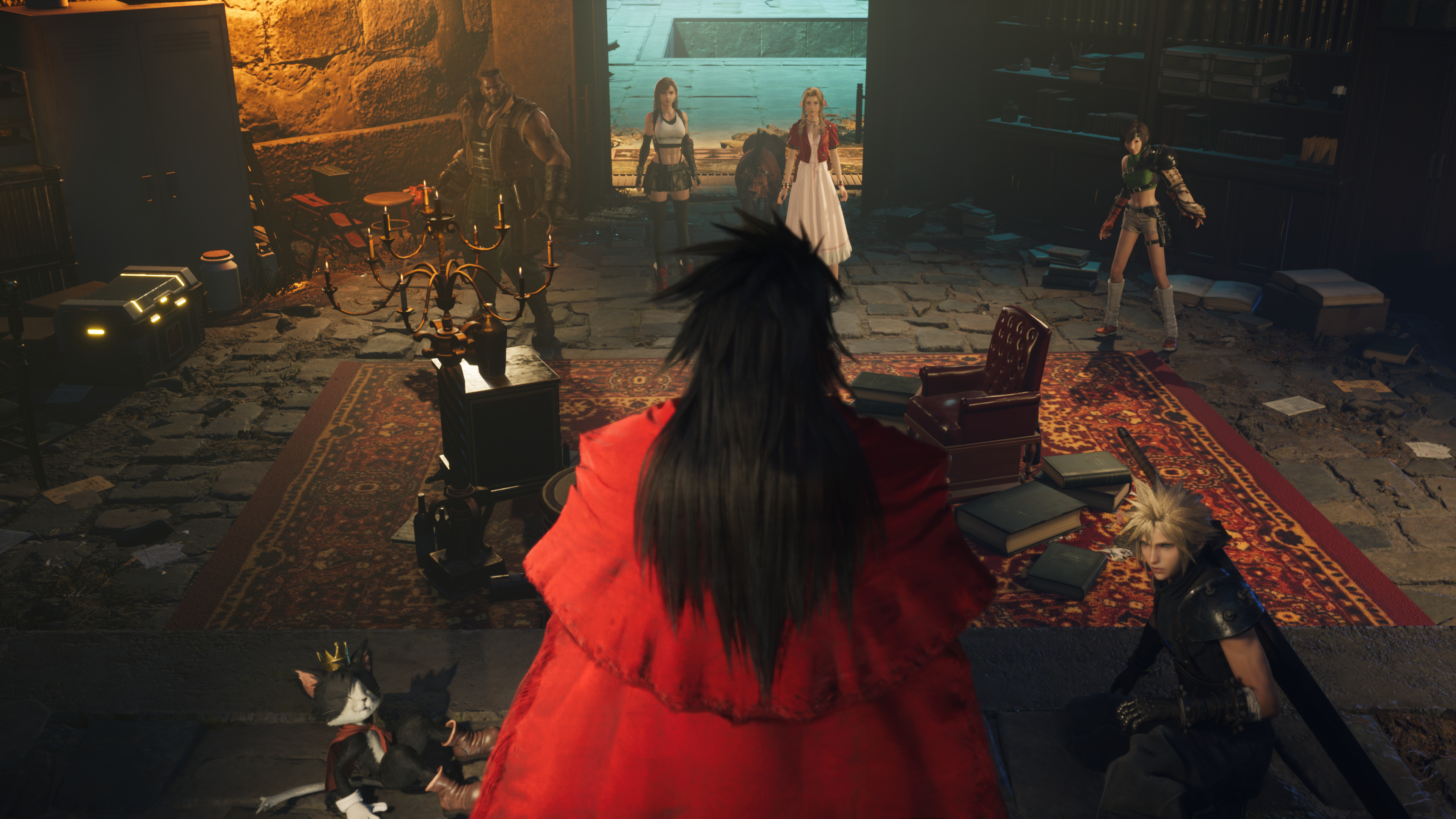 Characters from Final Fantasy in a dimly lit room with a cat mascot.