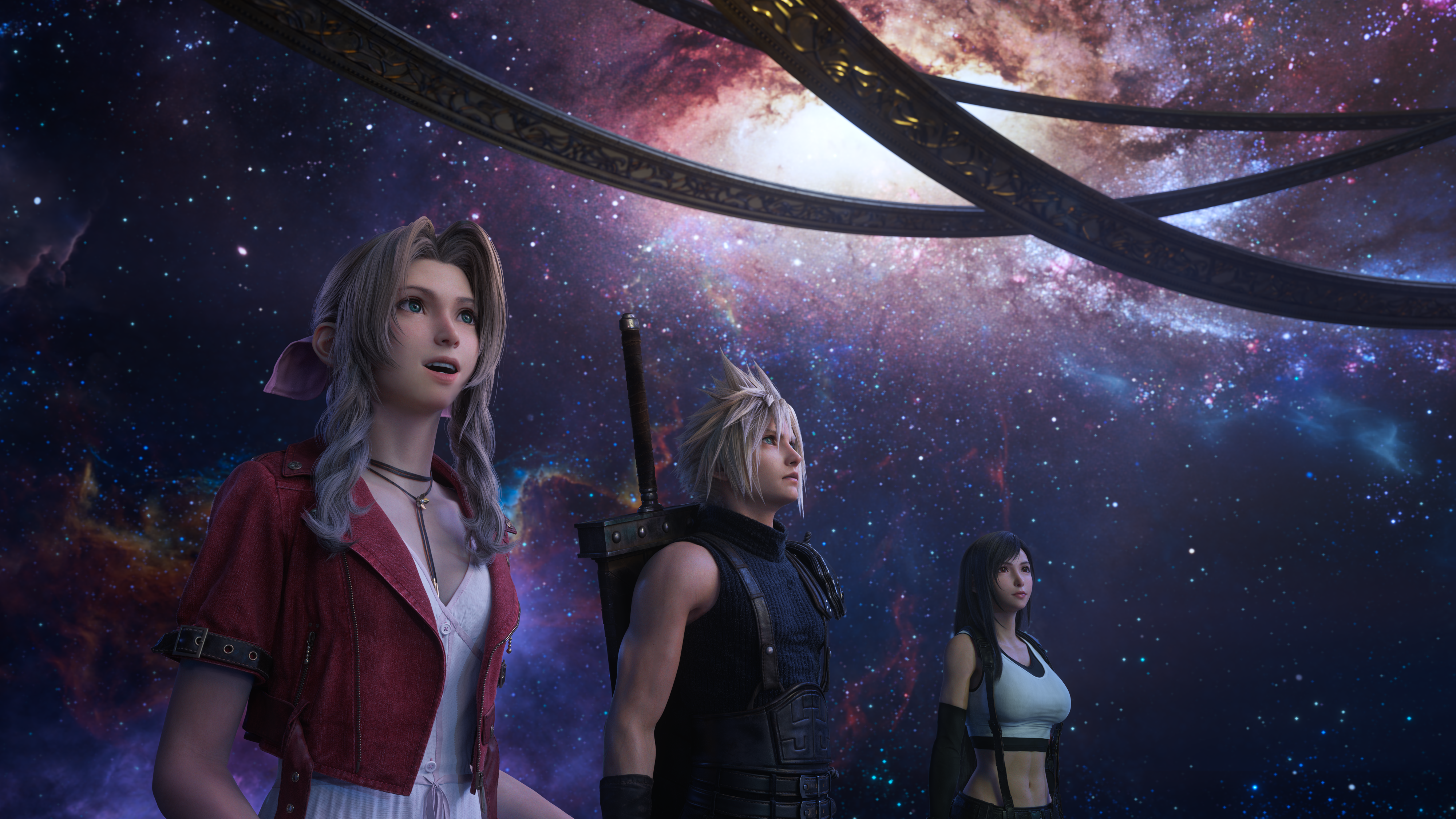 Drie personages uit Final Fantasy in een sterrenruimte, omhoog kijkend.