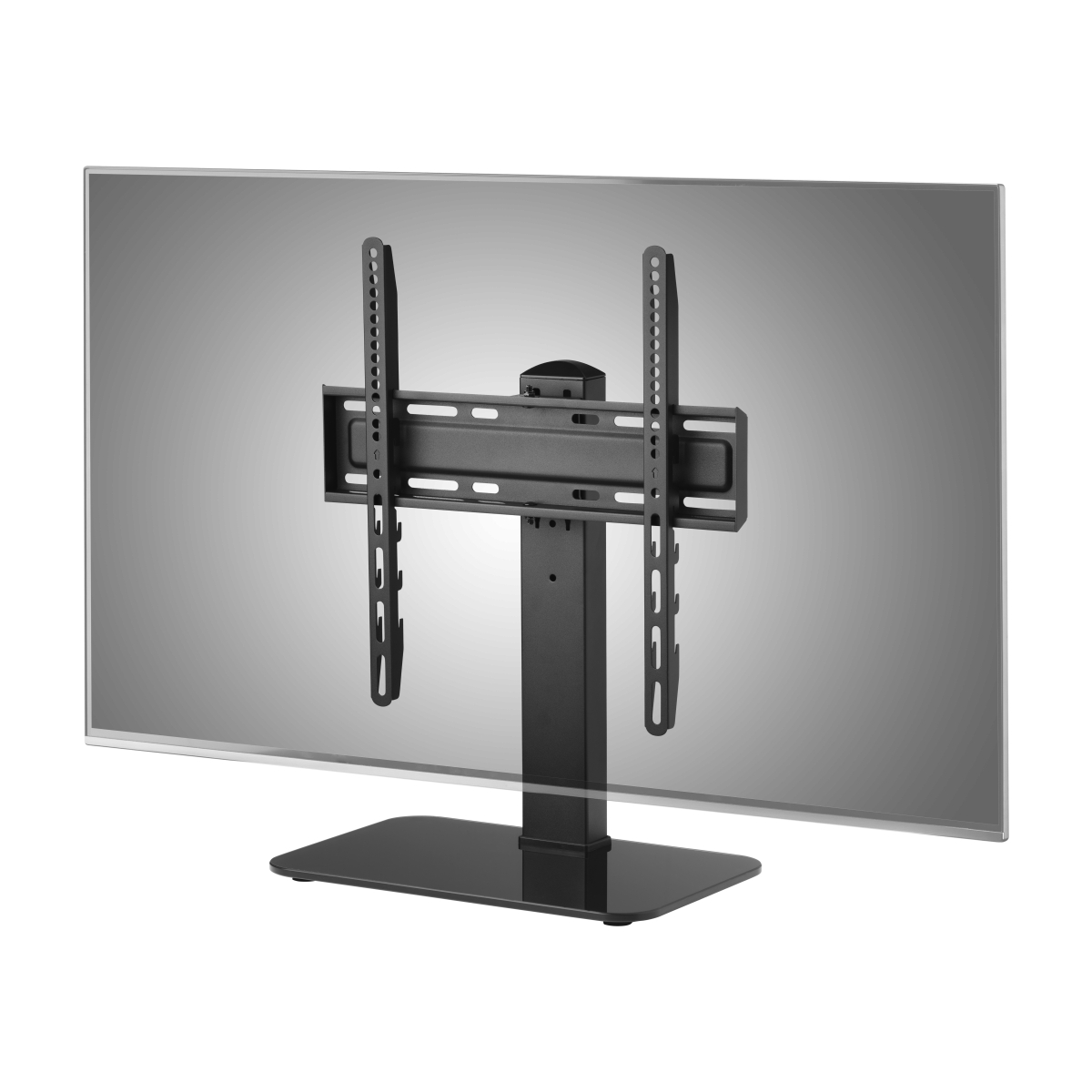 Ein schwarzer TV-Ständer mit einem TV-Gerät auf der Rückseite. Grauer Hintergrund.