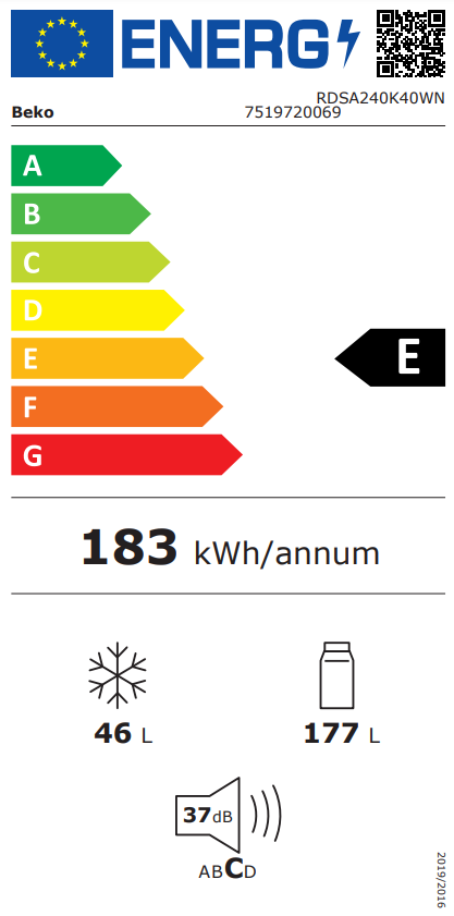 Beko hűtőszekrény energia cimkéje, E energiahatékonysággal.