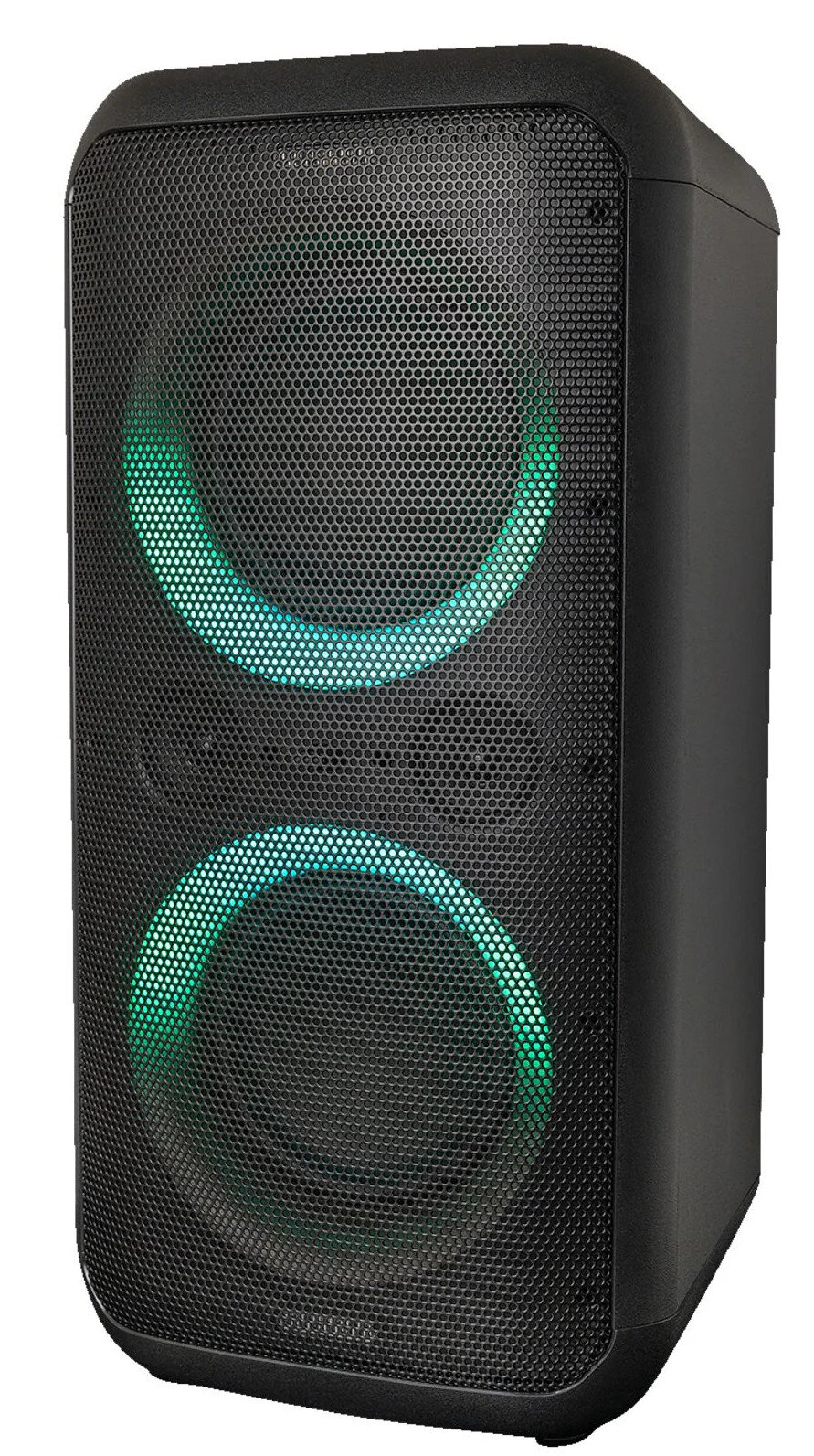 Czarny głośnik z dwoma zielonymi, okrągłymi światłami, siatkowym przodem i logo Sony.