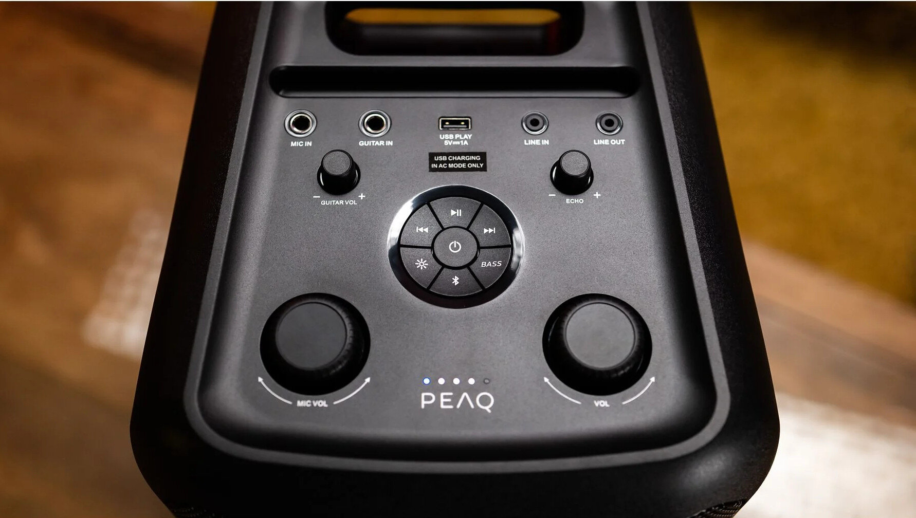 Głośnik z panelem sterowania: mic in/out, gitara in/vol, usb, line in/out, bas i vol.