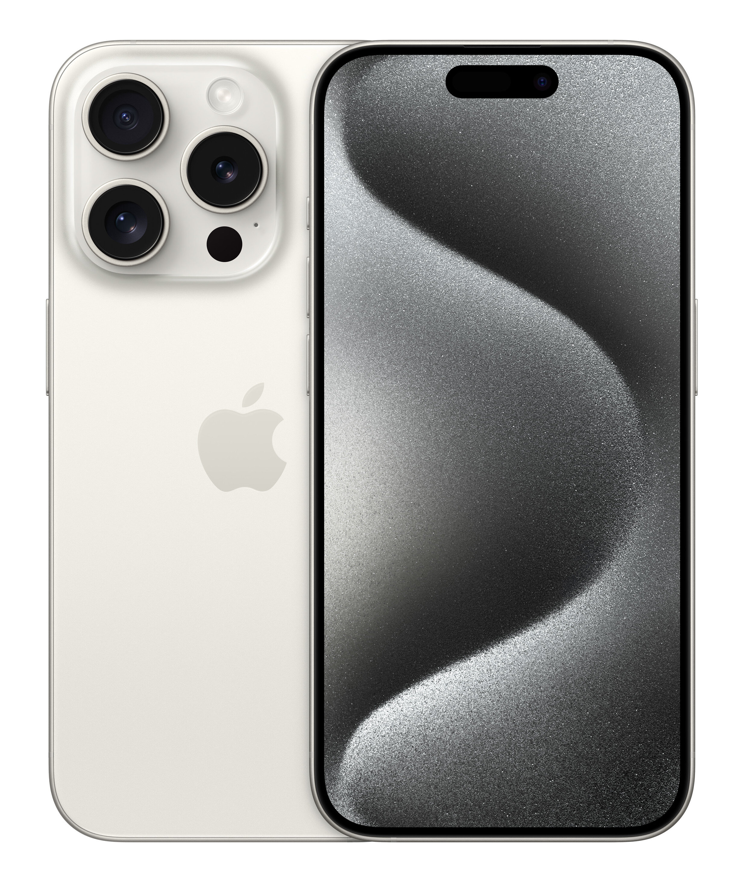 Widok z tyłu i z przodu białego iPhone'a 15 Pro, pokazujący aparat i ekran.