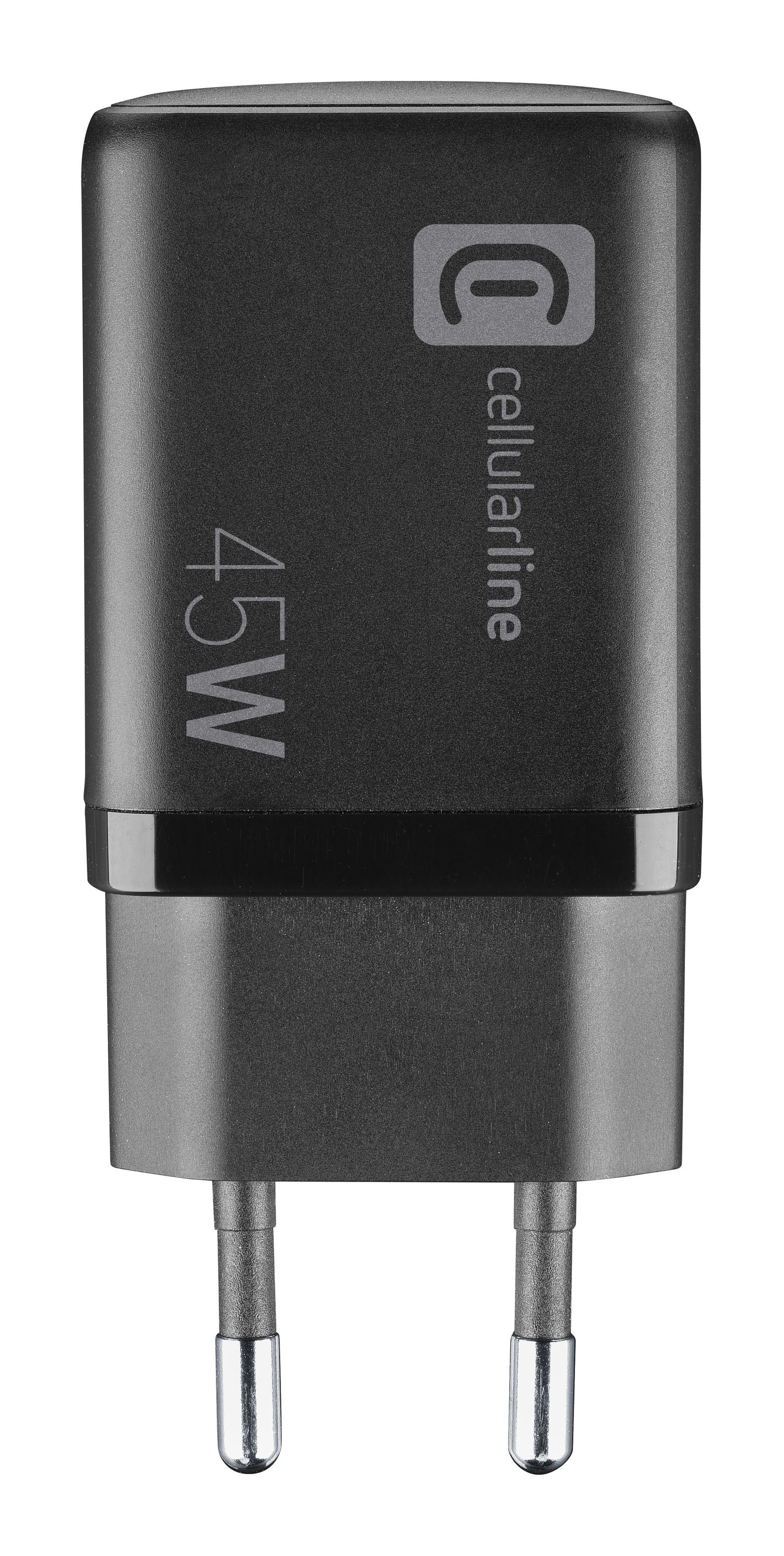 Schwarzes 45W Ladegerät mit Stiften, cellularline Logo.