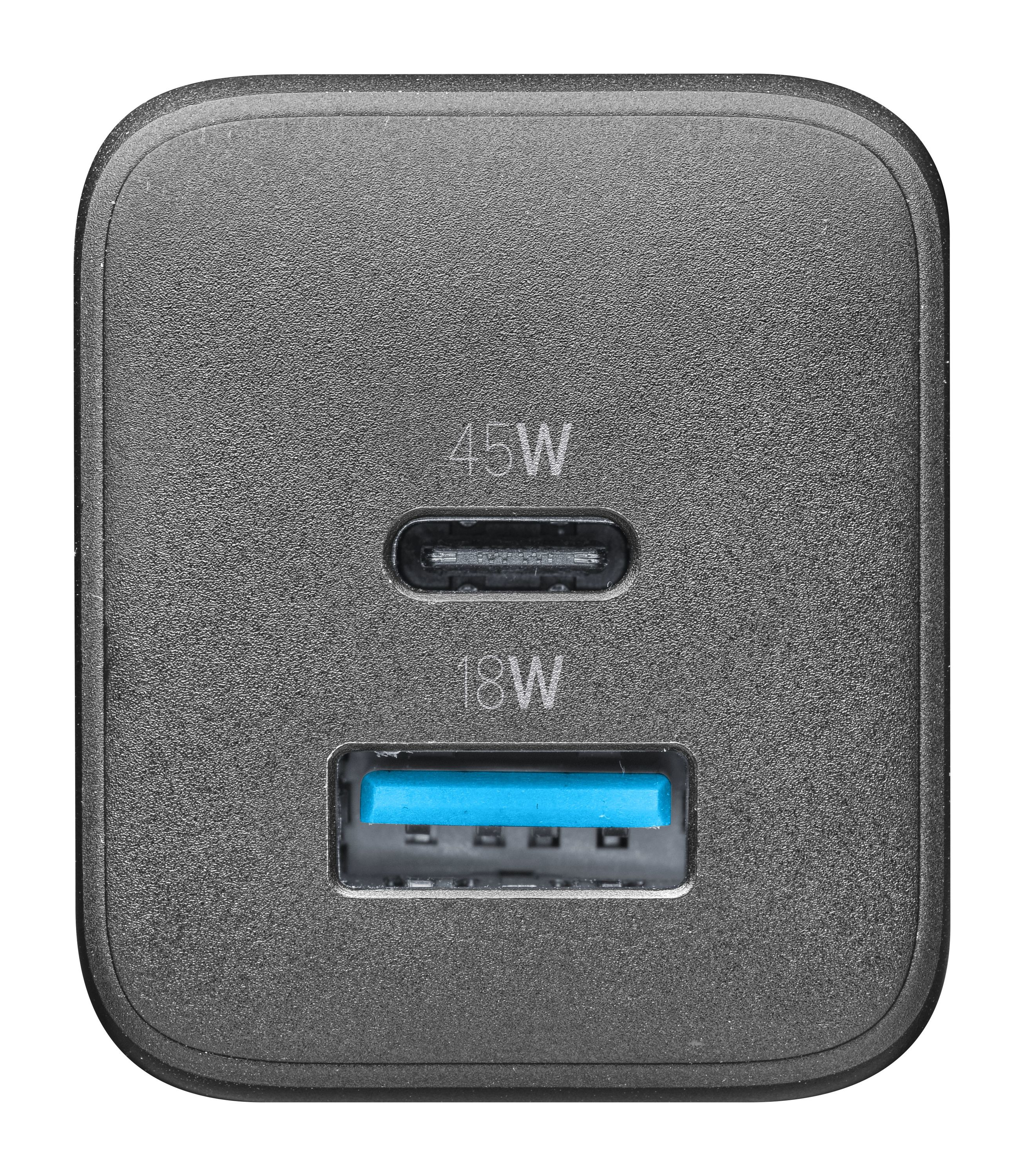 Graues Ladegerät mit USB- und USB-C-Anschlüssen, 45W und 18W.