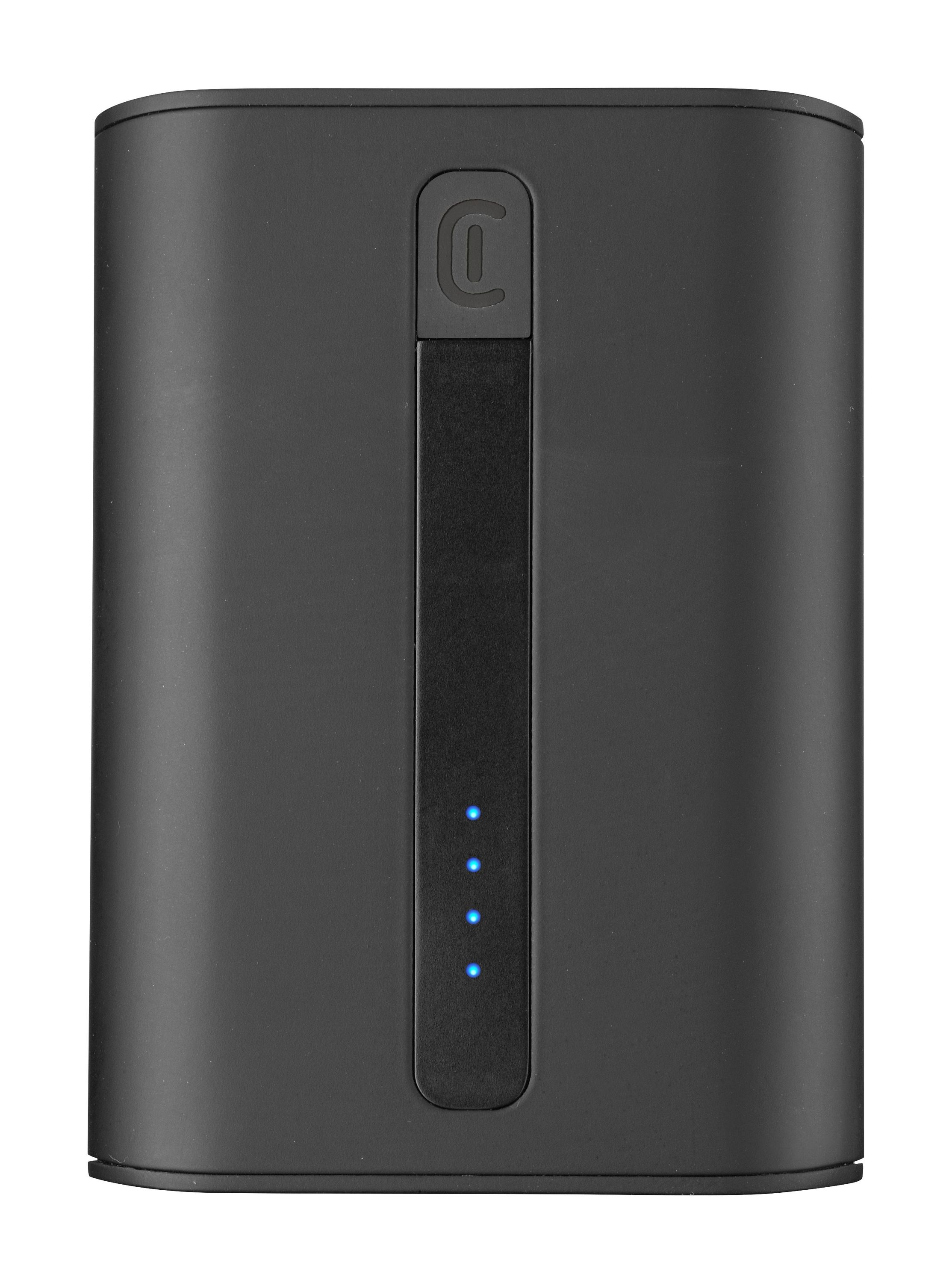 Eine schwarze, rechteckige Powerbank mit drei blauen LED-Leuchten. Der Markenname 'C' ist vorhanden.