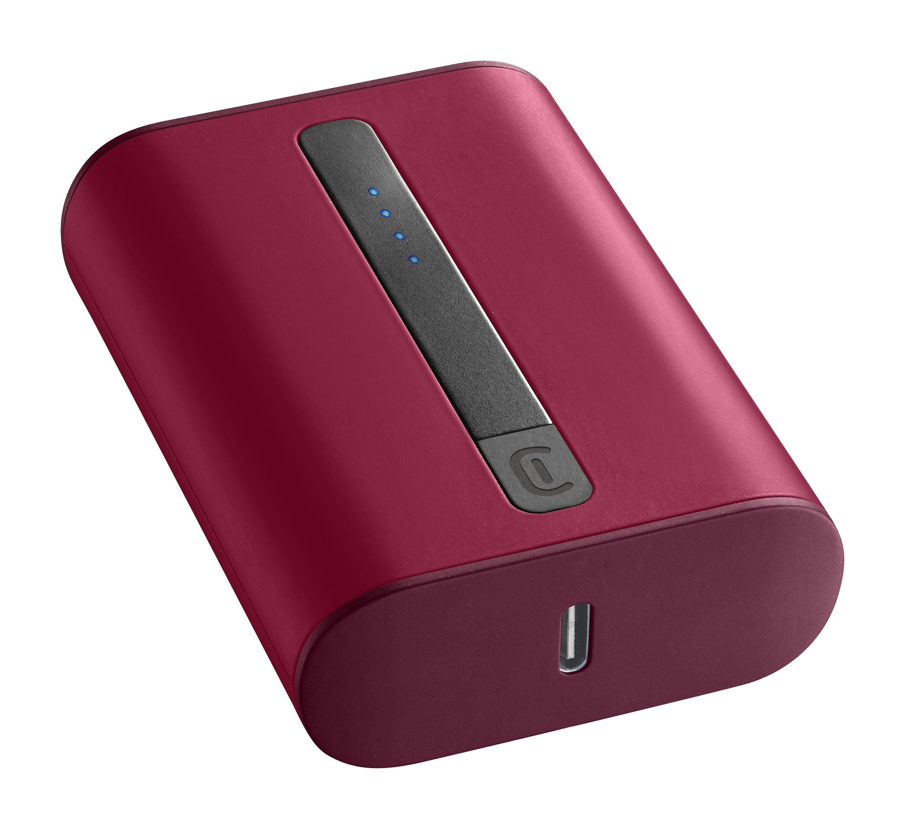 Rote Powerbank mit schwarzem Streifen und USB-Anschluss.