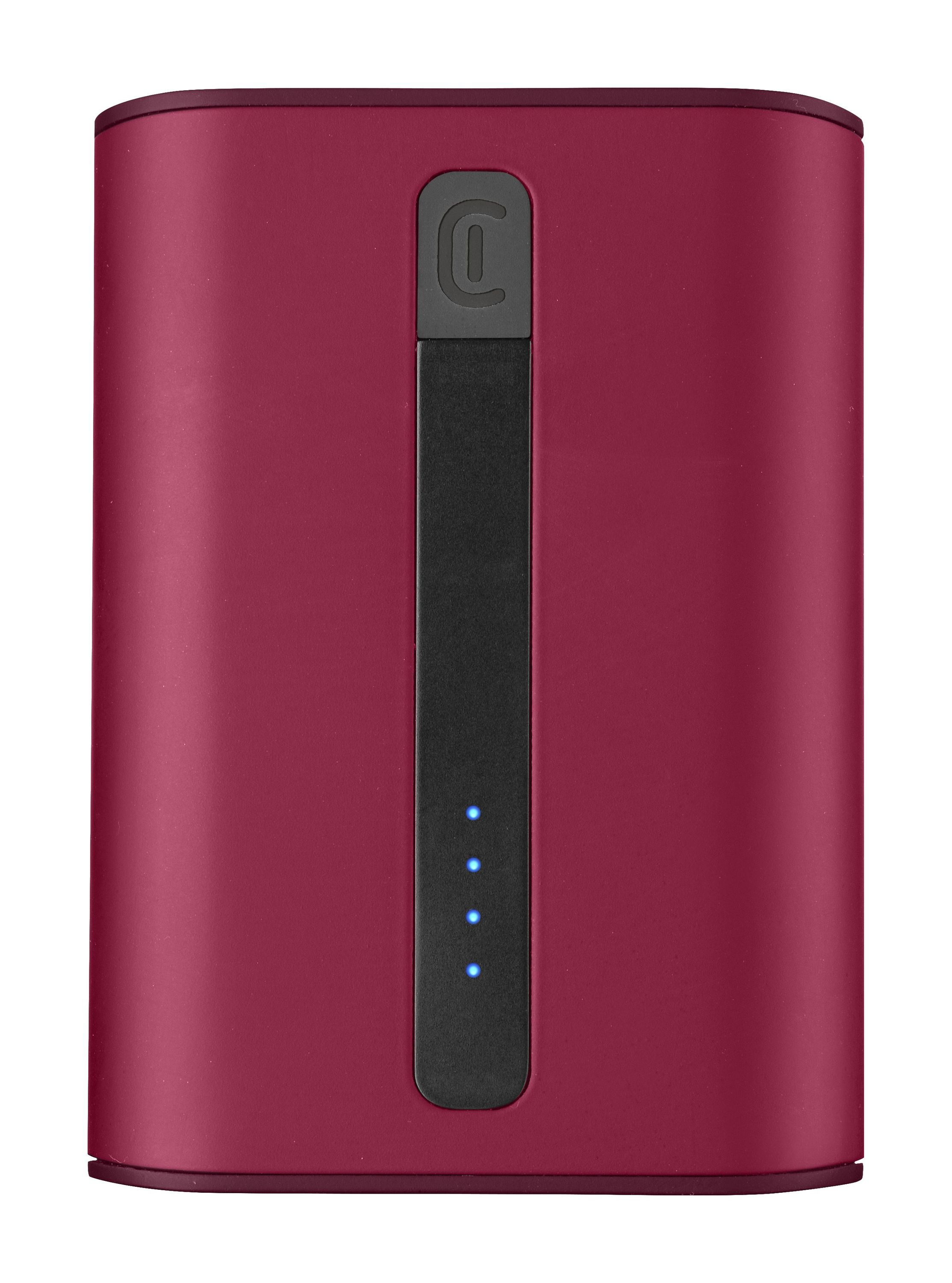 Rote Powerbank mit schwarzem Streifen und blauen Kontrollleuchten, auf weißem Hintergrund.