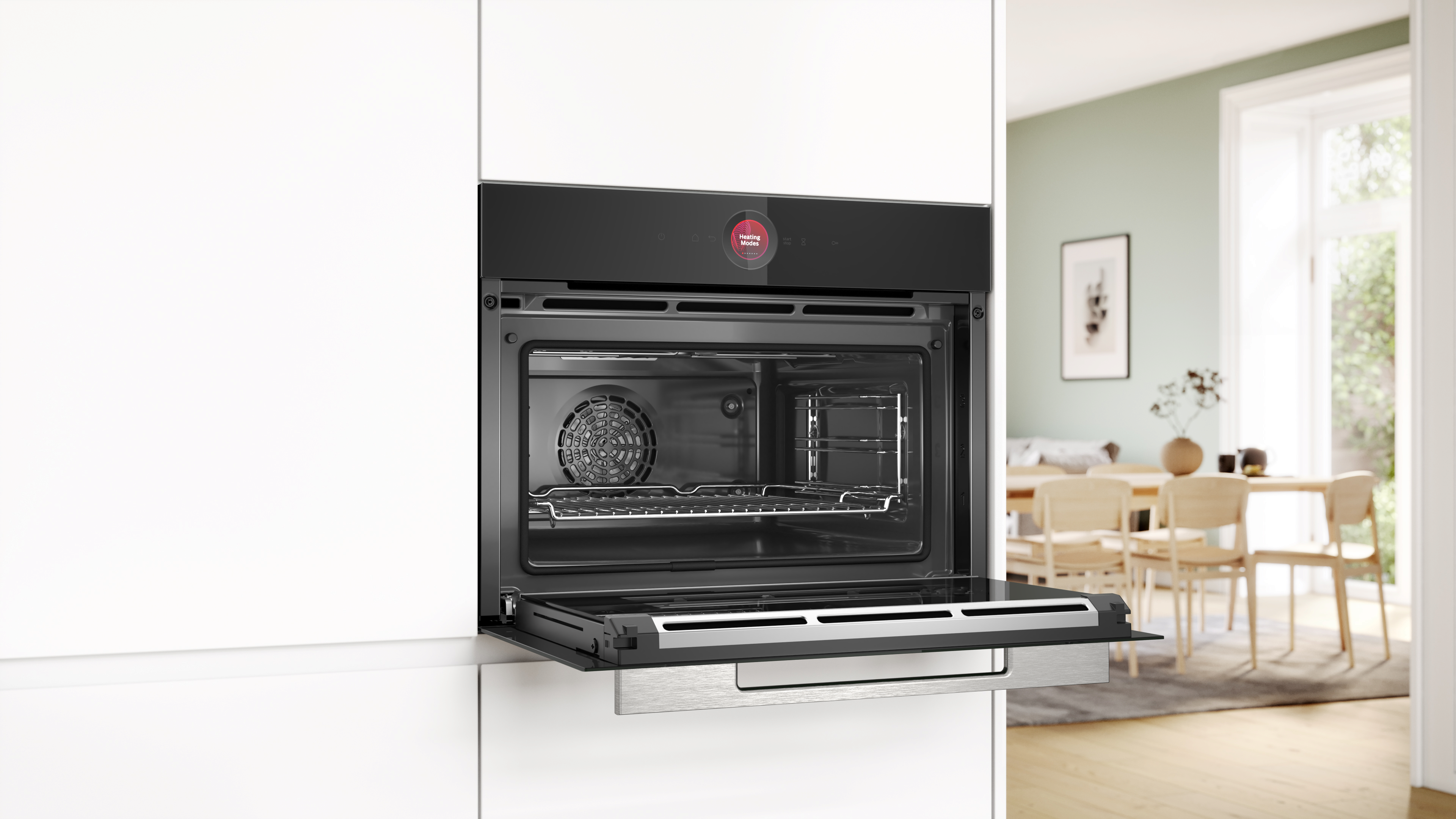 Einbau-Backofen, offene Tür, Edelstahl und Schwarz, weiße Küche.